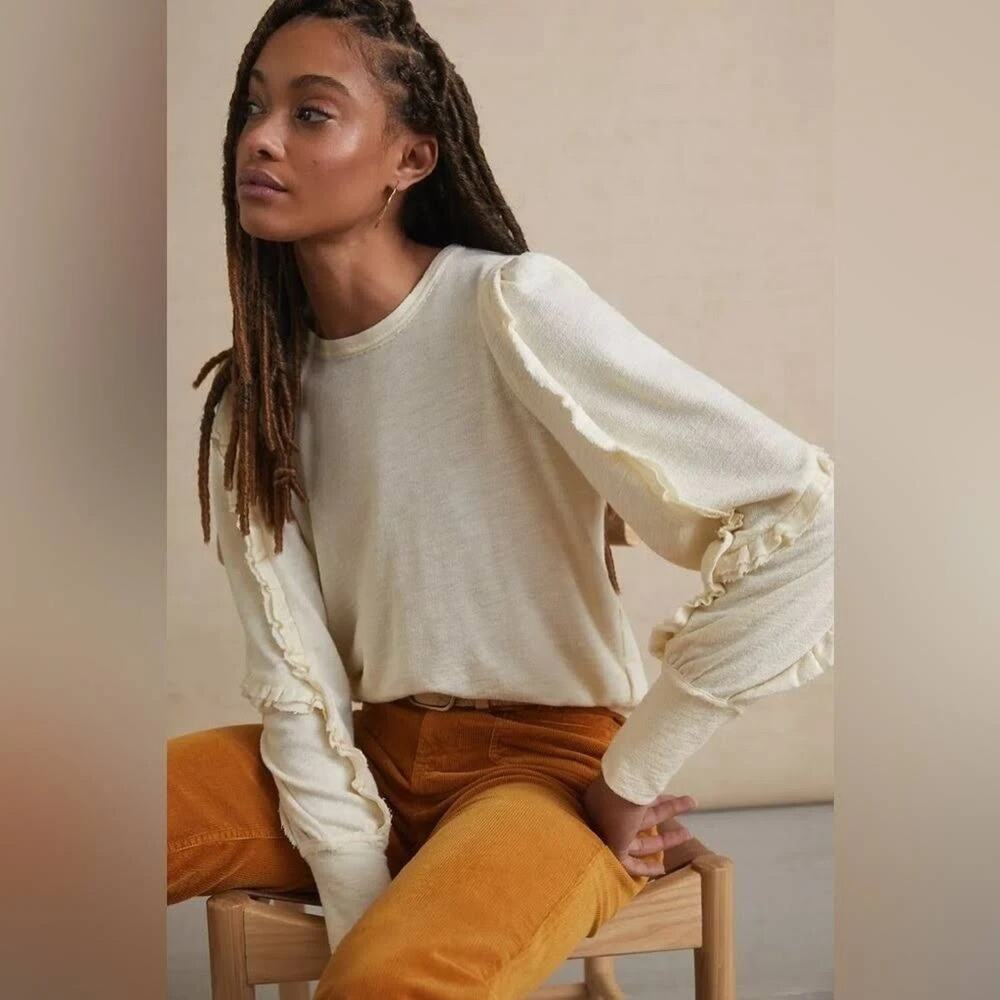 Anthropologie Pilcro Womens Cream Ruffle Sleeve Slub Knit Sweater Top XS